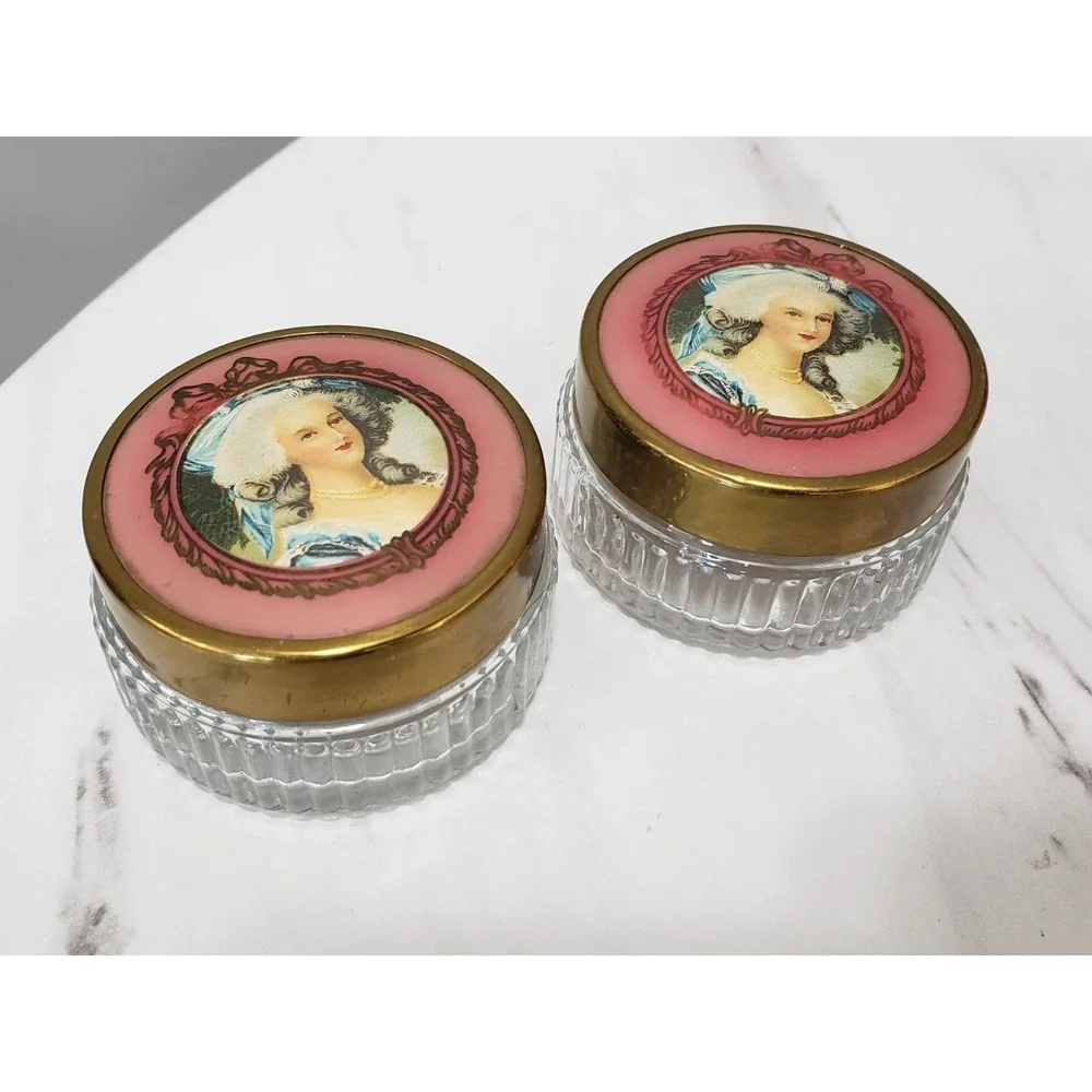 Lot 2 Vintage Vanity Make Up Glass Powder Jar Victorian Painted Lady Metal Lid